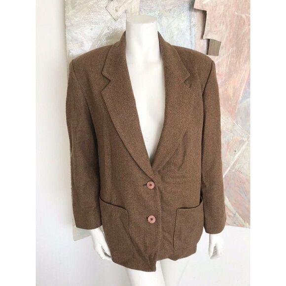 Vintage Pendleton Virgin Wool Beige Herringbone Mens Blazer Jacket Size Small - Picture 1 of 8